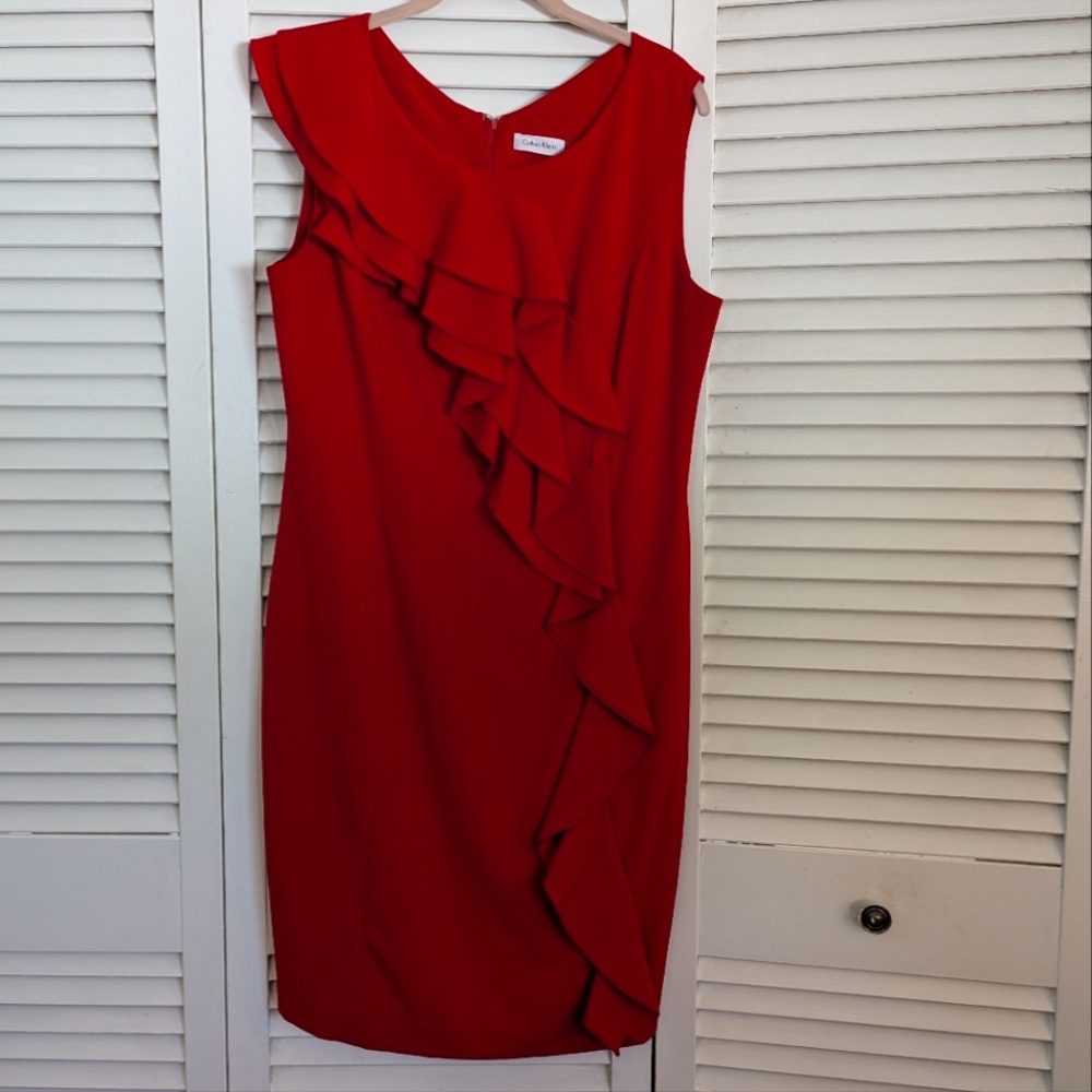 Calvin Klein Red Asymmetrical Sleeveless Sheath Dress